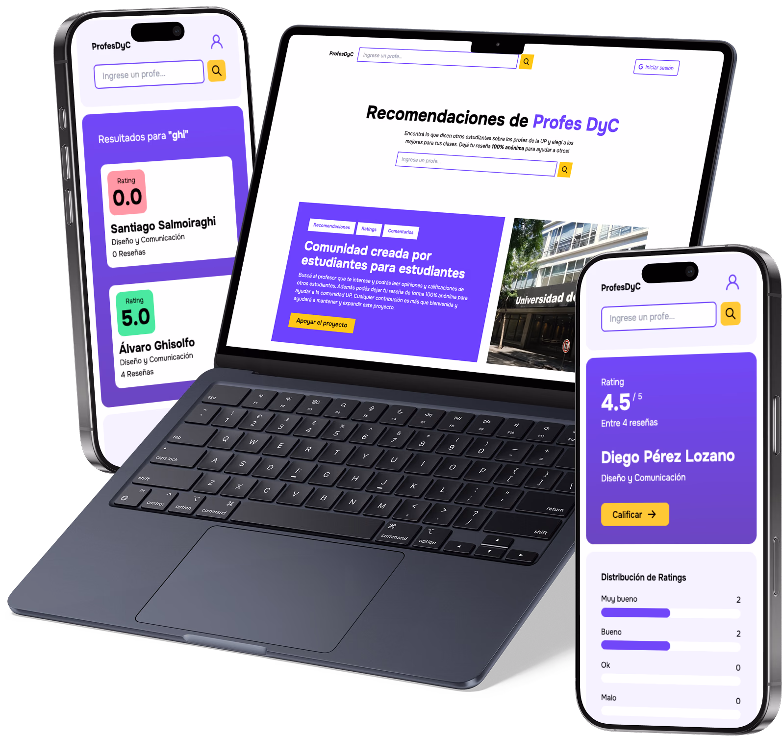 ProfesDyC running on a laptop and two phones: search results, the home page and a professor's rating