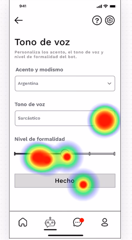 Heatmap of the tone-of-voice settings screen