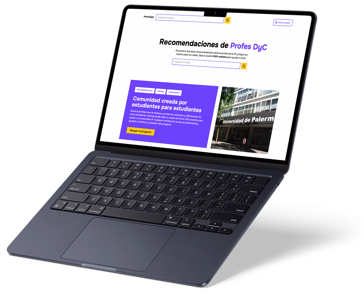 ProfesDyC open on a laptop, showing the recommendations page