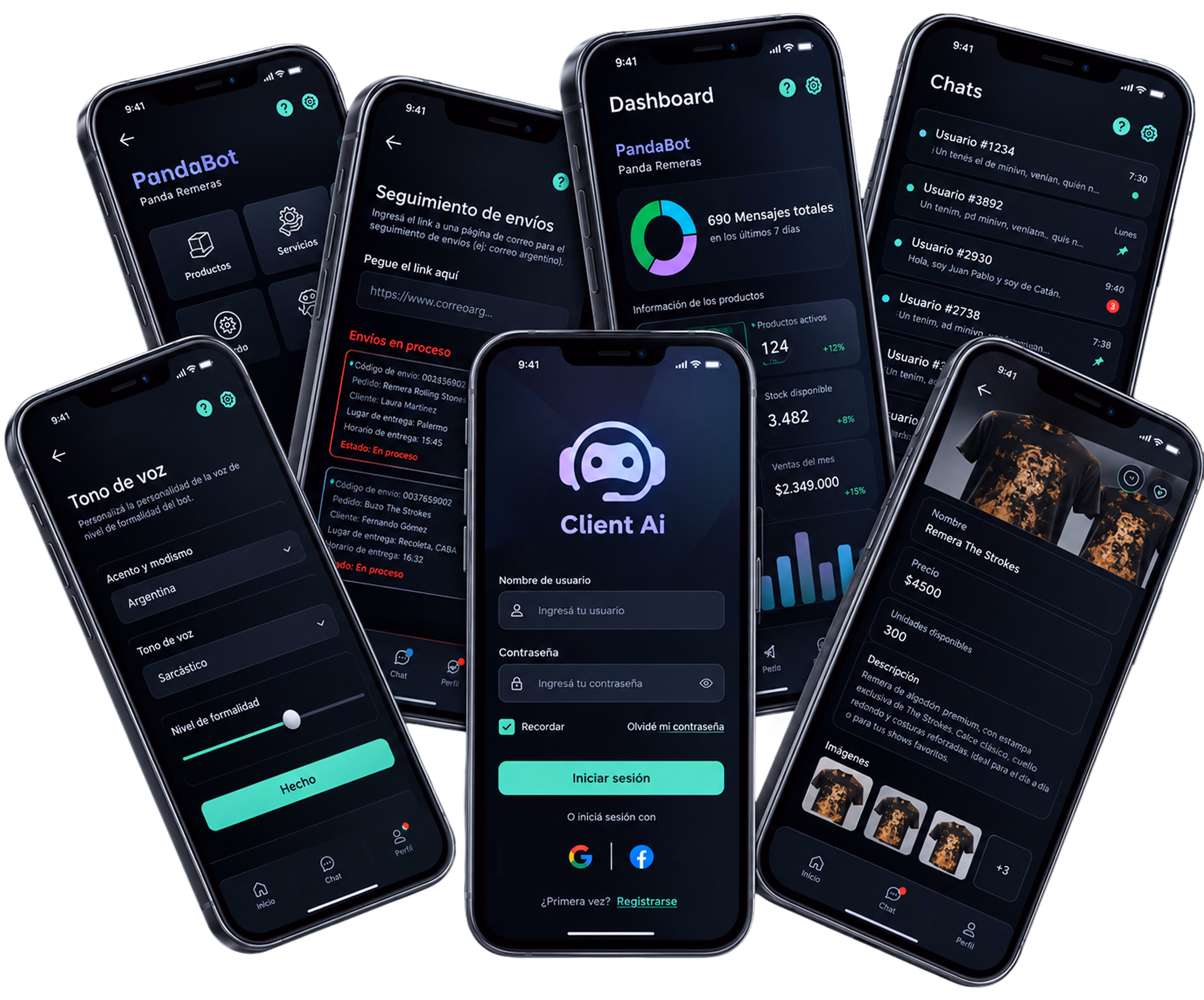 The full set of high-fidelity screens: bot profile, shipment tracking, dashboard, chats, sign-in, tone of voice and product detail