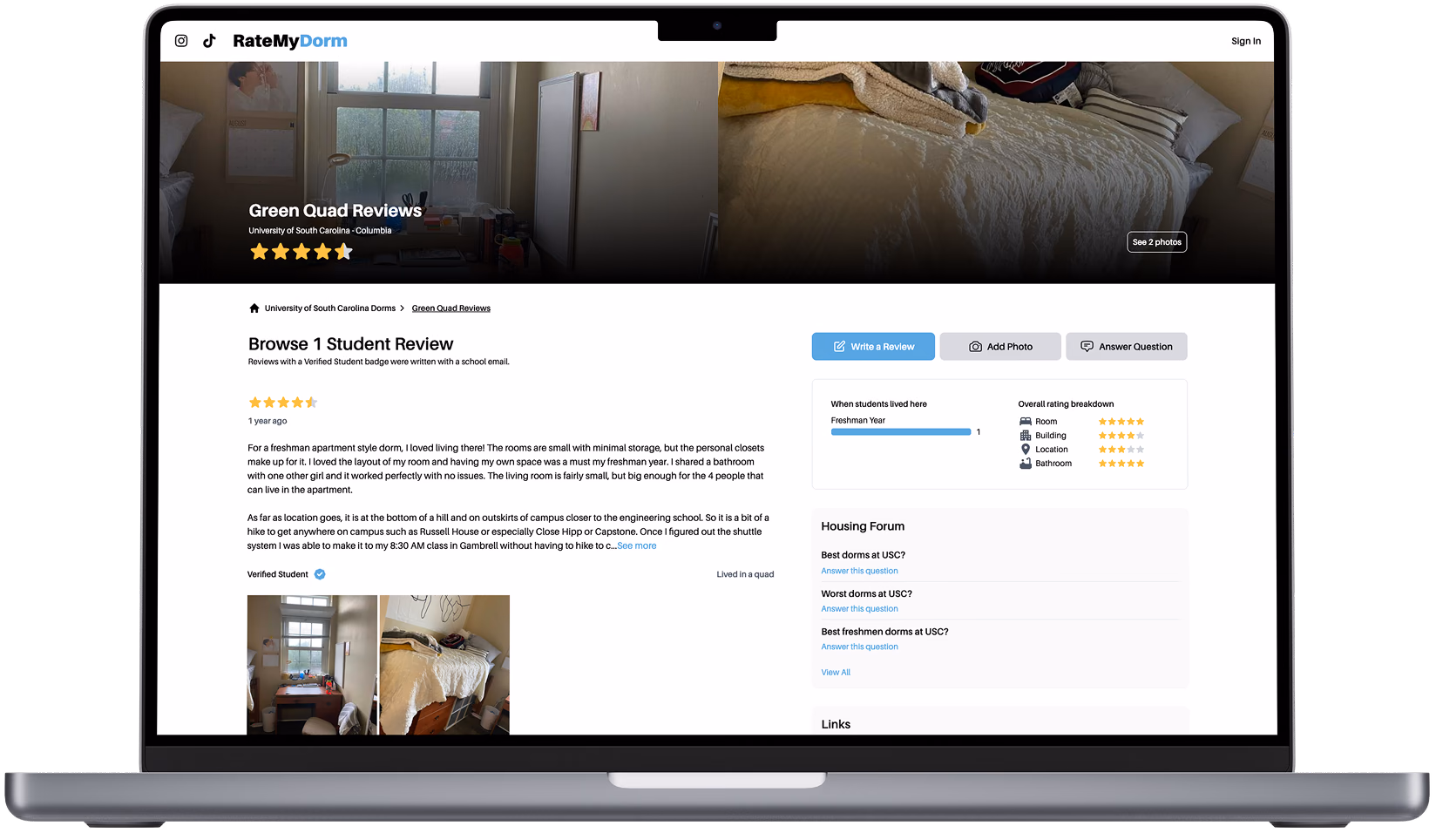 A Rate My Dorm listing: star rating, photos, a written student review and a housing forum