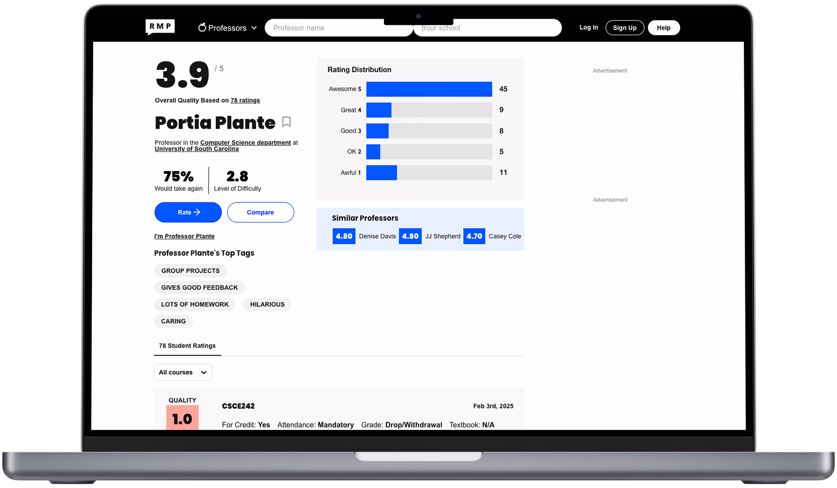 A Rate My Professors profile: overall quality, rating distribution, top tags and student reviews
