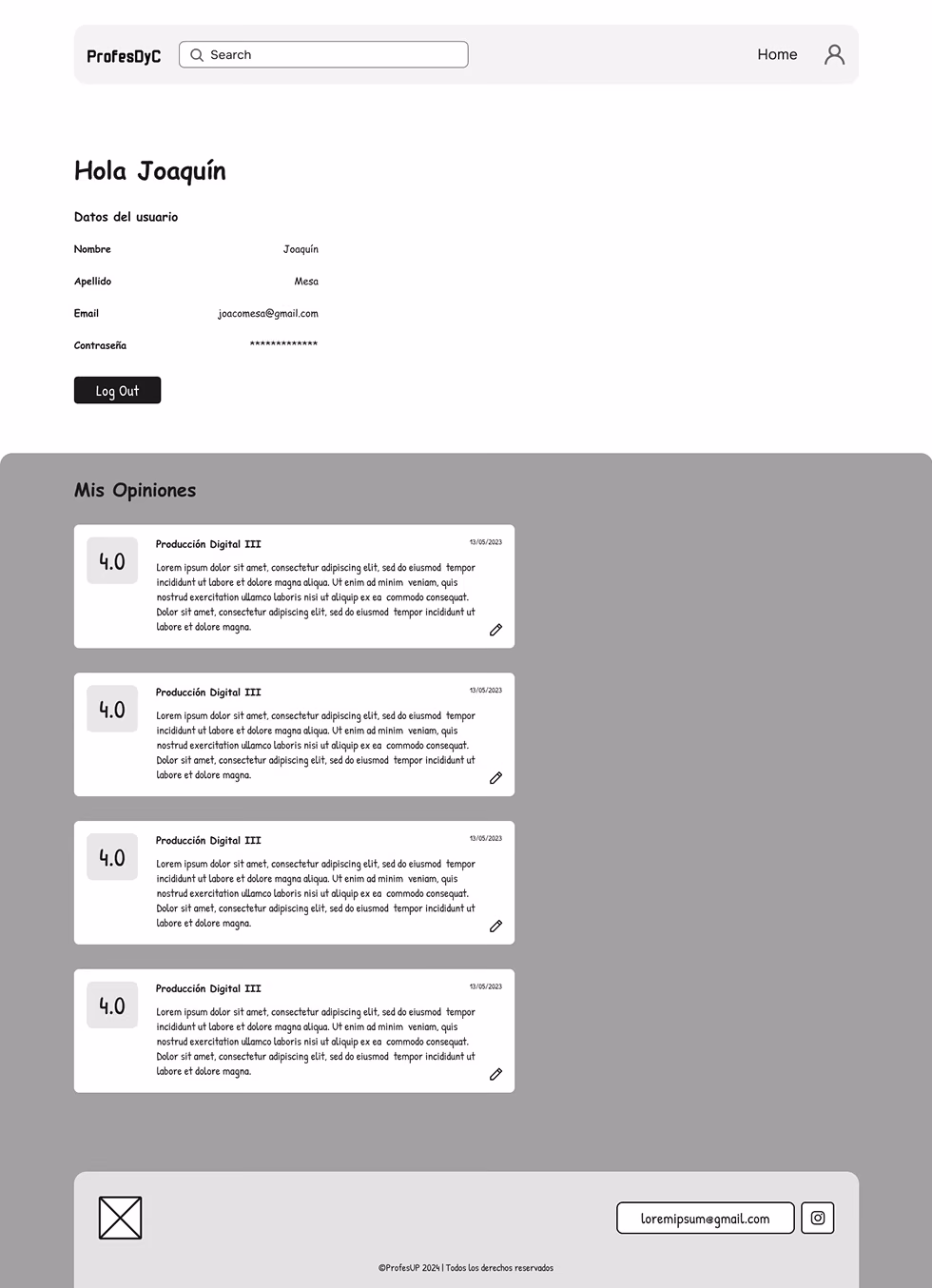 Wireframe of the user account page and its own reviews