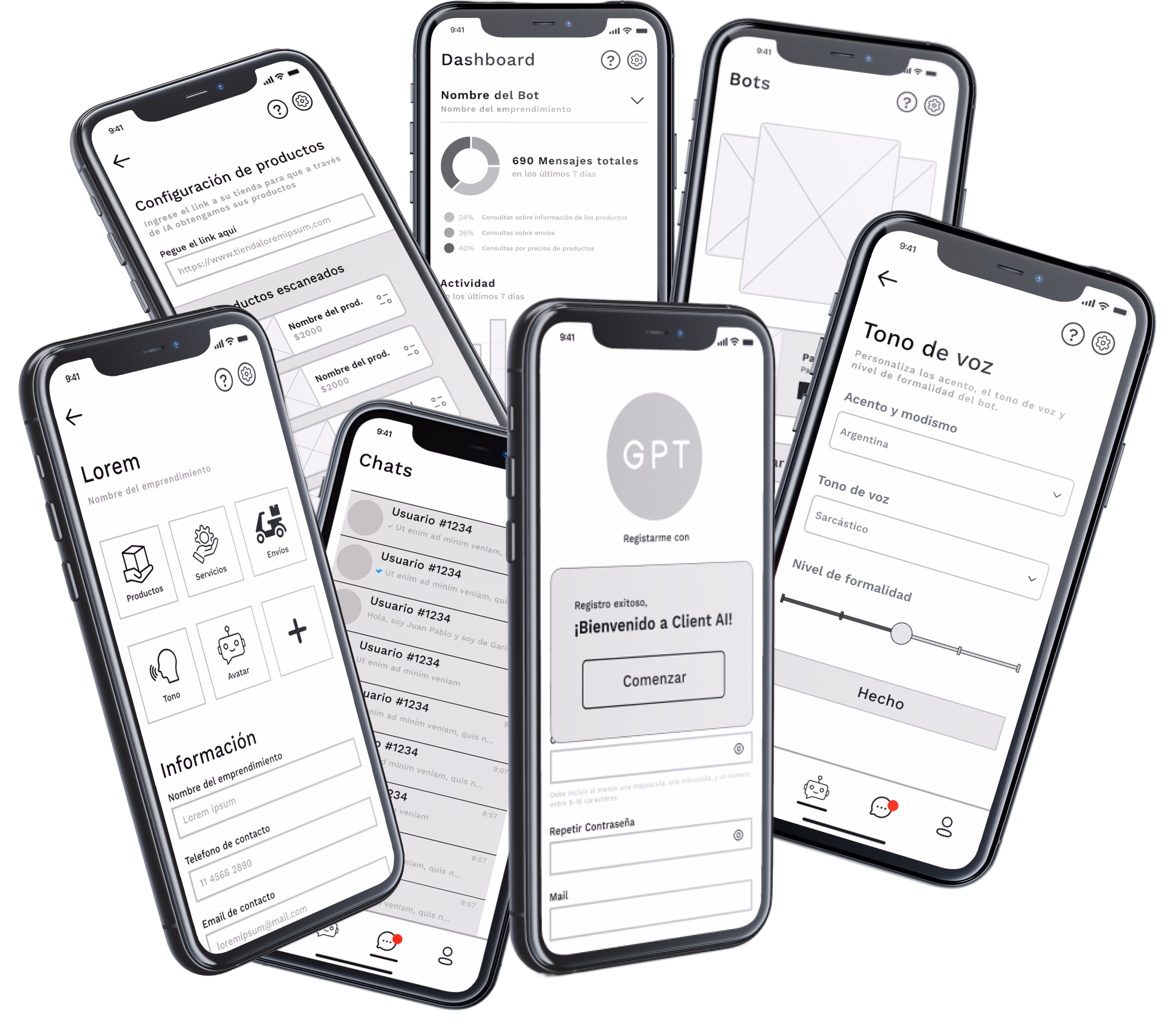 The full set of low-fidelity wireframes: sign-up, bots, dashboard, bot profile, product configuration and tone of voice